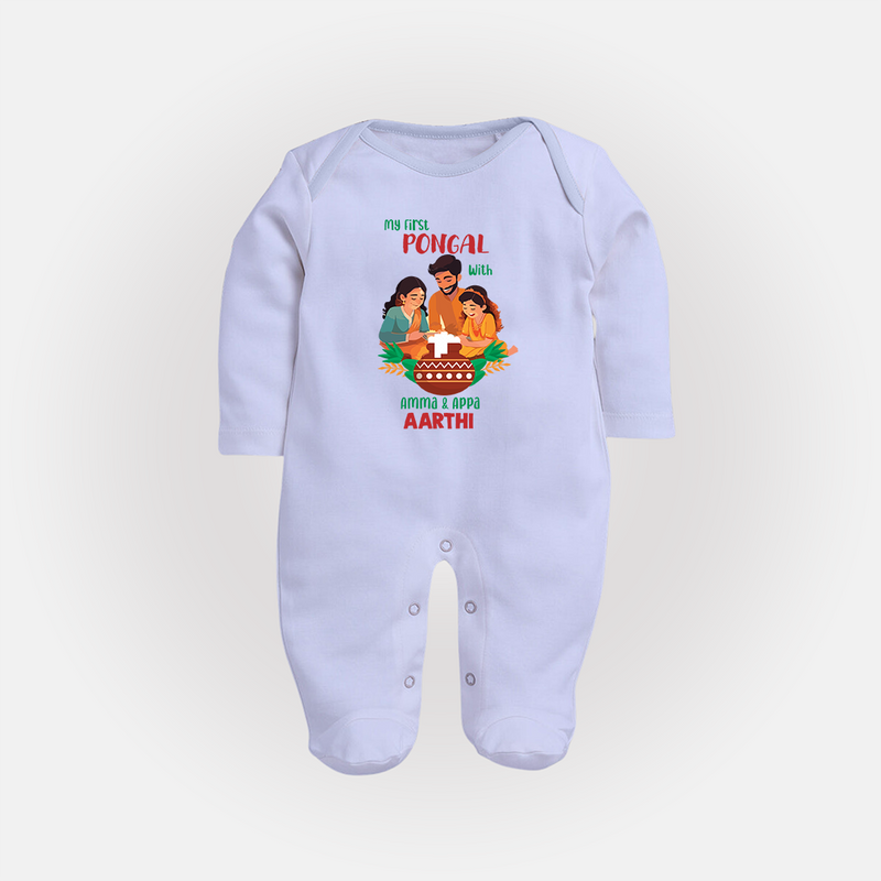 "Festival Memories - My First Pongal With Amma & Appa Sleep Suit For Babies" - BABY BLUE - New Born (Chest 7.5")