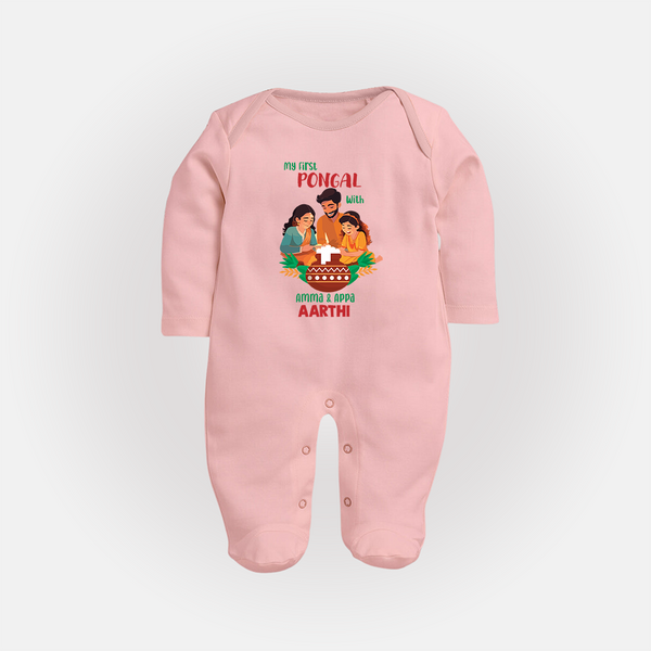 My First Pongal with Amma & Appa – Custom Kids Fullbody Suit - BABY PINK - New Born (Chest 7.5")