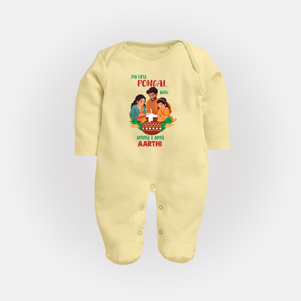 My First Pongal with Amma & Appa – Custom Kids Fullbody Suit - PASTEL YELLOW - New Born (Chest 7.5")