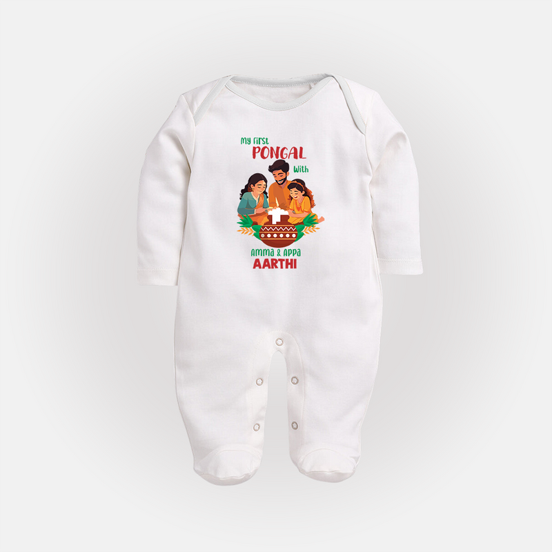 "Festival Memories - My First Pongal With Amma & Appa Sleep Suit For Babies" - WHITE - New Born (Chest 7.5")