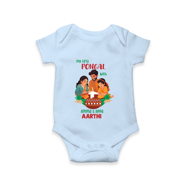 My First Pongal with Amma & Appa – Custom Kids Romper - BABY BLUE - New Born (Chest 14")