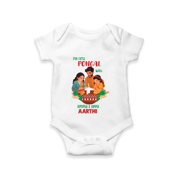 My First Pongal with Amma & Appa – Custom Kids Romper - WHITE - New Born (Chest 14")