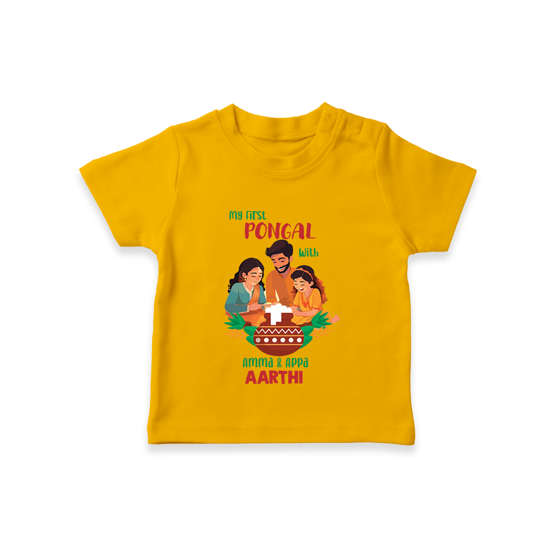 "Festival Memories - My First Pongal With Amma & Appa T-Shirt For Kids" - CHROME YELLOW - 0-5 Months Old (Chest 17")