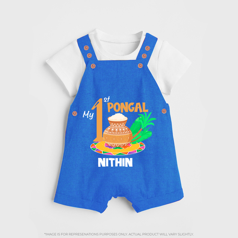 "Tradition in Style - My First Pongal Customized Dungaree Set For Kids With Name" - COBALT BLUE - 0 - 5 Months Old (Chest 18")