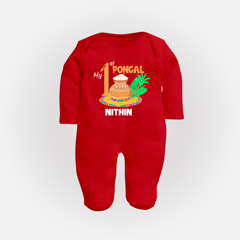 "Tradition in Style - My First Pongal Customized Sleep Suit For Babies With Name" - RED - New Born (Chest 7.5")