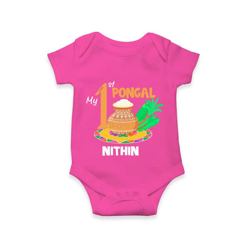 "Tradition in Style - My First Pongal Customized Romper For Babies With Name" - HOT PINK - 0-3 Months Old (Chest 16")