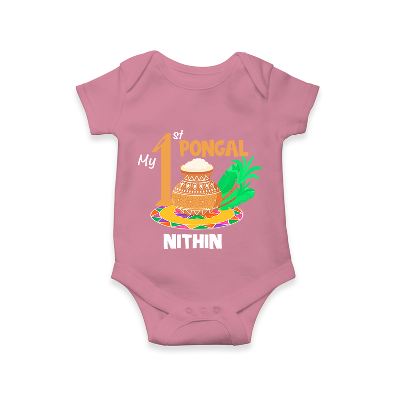 "Tradition in Style - My First Pongal Customized Romper For Babies With Name" - ONION - 0-3 Months Old (Chest 16")