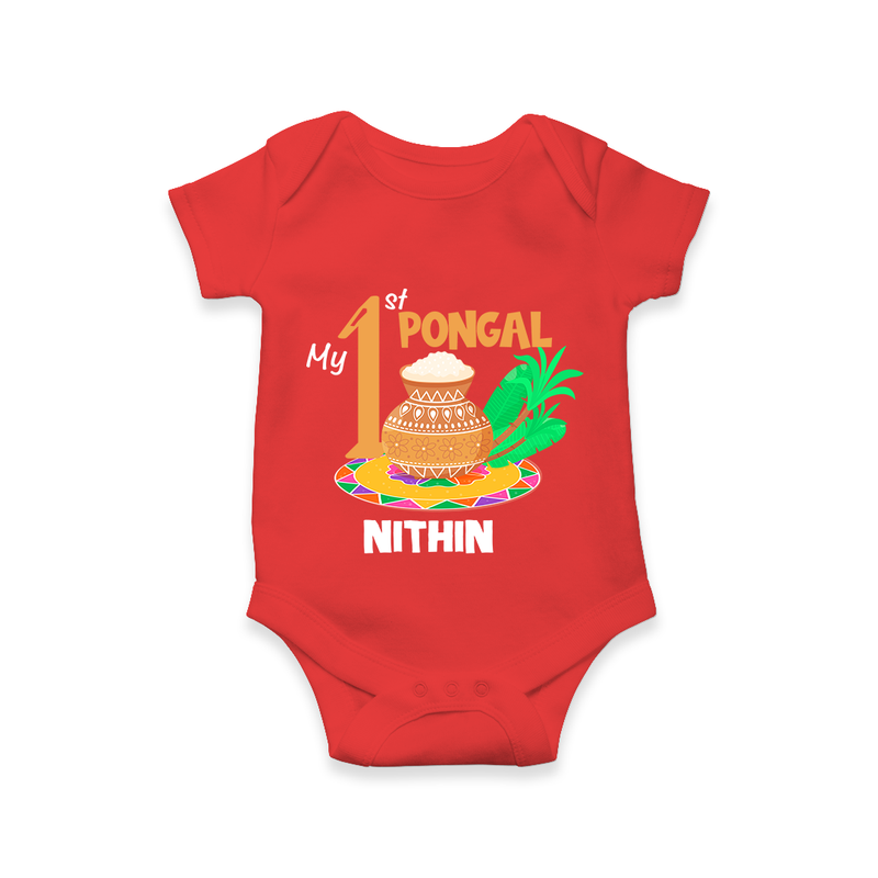 "Tradition in Style - My First Pongal Customized Romper For Babies With Name" - RED - 0-3 Months Old (Chest 16")