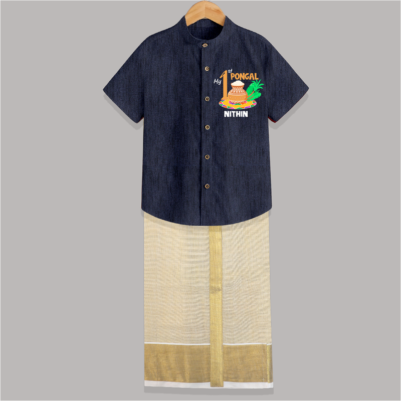 Tradition in Style - My First Pongal Customized Shirt and Dhoti for Boys With Name - DARK BLUE - 0 - 6 Months Old (Chest-23") (Dhoti length-14")