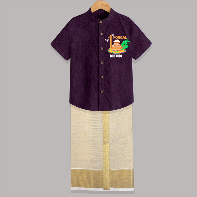 Tradition in Style - My First Pongal Customized Shirt and Dhoti for Boys With Name - GRAPE - 0 - 6 Months Old (Chest-23") (Dhoti length-14")