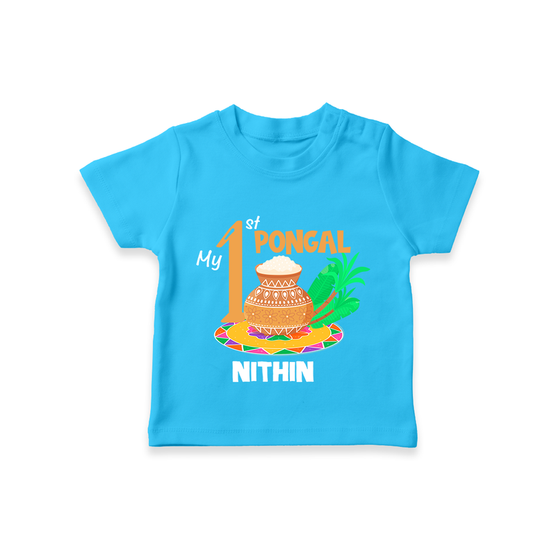 "Tradition in Style - My First Pongal Customized T-Shirt For Kids With Name" - SKY BLUE - 0-5 Months Old (Chest 17")