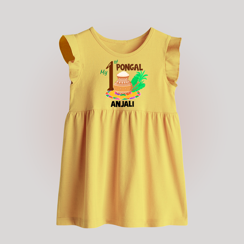 Tradition in Style - My First Pongal Customized Baby Frock for Babies With Name - YELLOW - 0 - 3 Months Old (Chest 17")