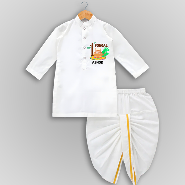 Tradition in Style - My First Pongal Customized Draped Dhoti for Boys With Name - WHITE - 0 - 6 Month Old (Chest 24", Kurta Length 14" , Waist 19", Dhoti Length 14")