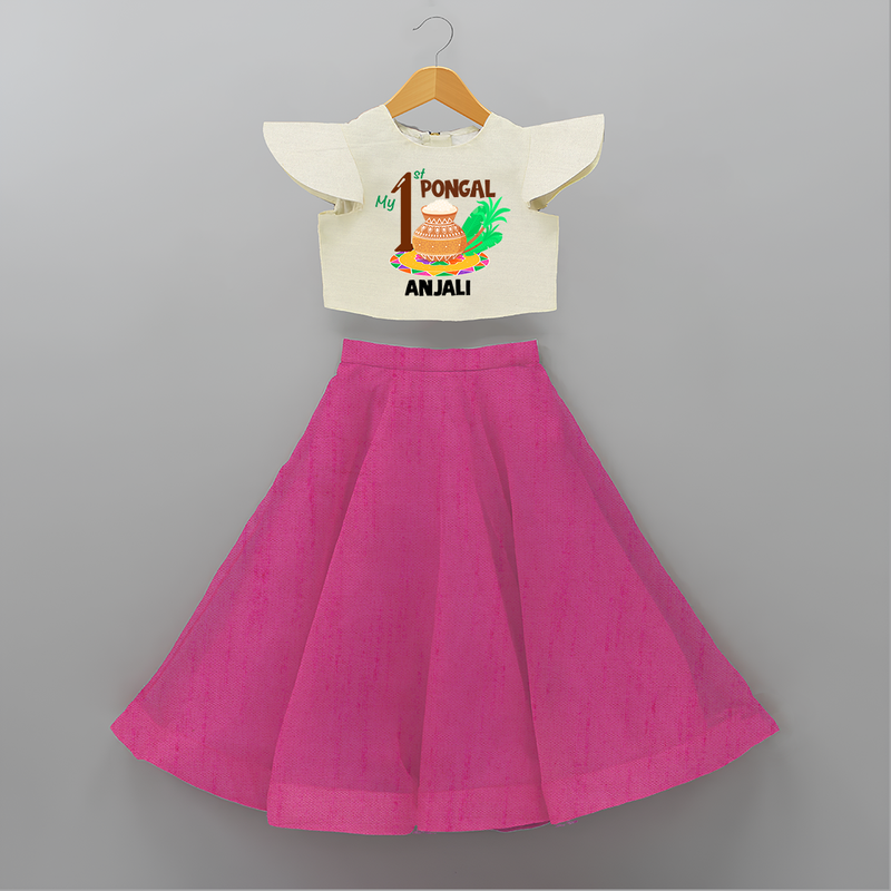 Tradition in Style - My First Pongal Customized Crop Top and Skirt for Girls With Name - FUSCHIA - 6 - 9 Months Old (Chest 20" , Frock Waist 20")