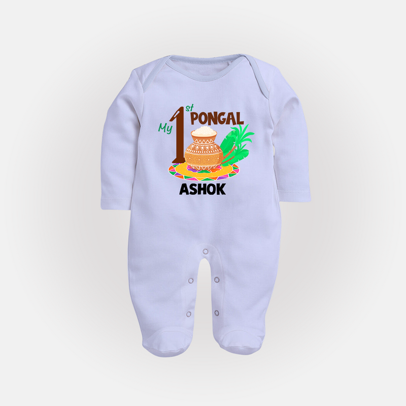 "Tradition in Style - My First Pongal Customized Sleep Suit For Babies With Name" - BABY BLUE - New Born (Chest 7.5")