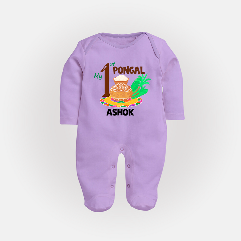 "Tradition in Style - My First Pongal Customized Sleep Suit For Babies With Name" - LILAC - New Born (Chest 7.5")