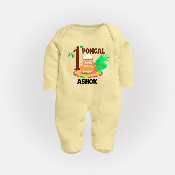 "Tradition in Style - My First Pongal Customized Sleep Suit For Babies With Name" - PASTEL YELLOW - New Born (Chest 7.5")