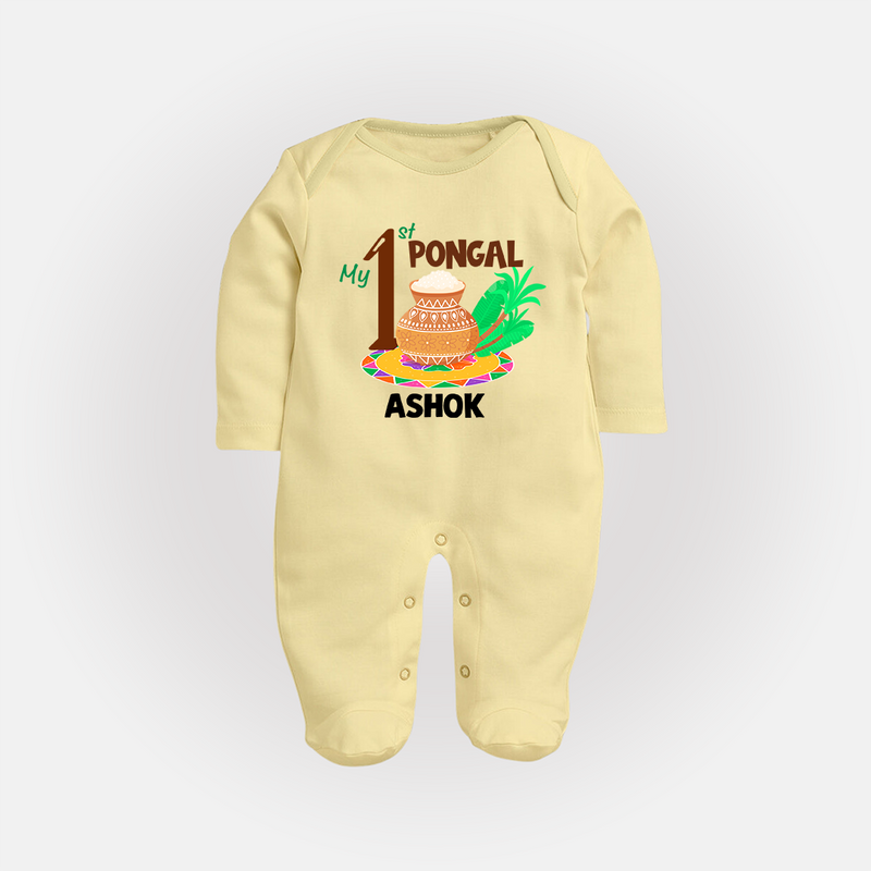 "Tradition in Style - My First Pongal Customized Sleep Suit For Babies With Name" - PASTEL YELLOW - New Born (Chest 7.5")