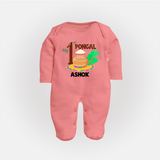 "Tradition in Style - My First Pongal Customized Sleep Suit For Babies With Name" - PEACH - New Born (Chest 7.5")