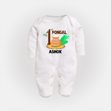 "Tradition in Style - My First Pongal Customized Sleep Suit For Babies With Name" - WHITE - New Born (Chest 7.5")