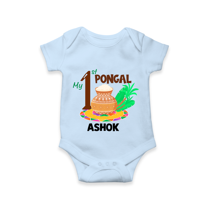 "Tradition in Style - My First Pongal Customized Romper For Babies With Name" - BABY BLUE - 0-3 Months Old (Chest 16")