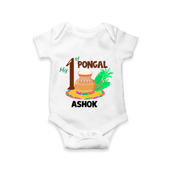 "Tradition in Style - My First Pongal Customized Romper For Babies With Name" - WHITE - 0-3 Months Old (Chest 16")