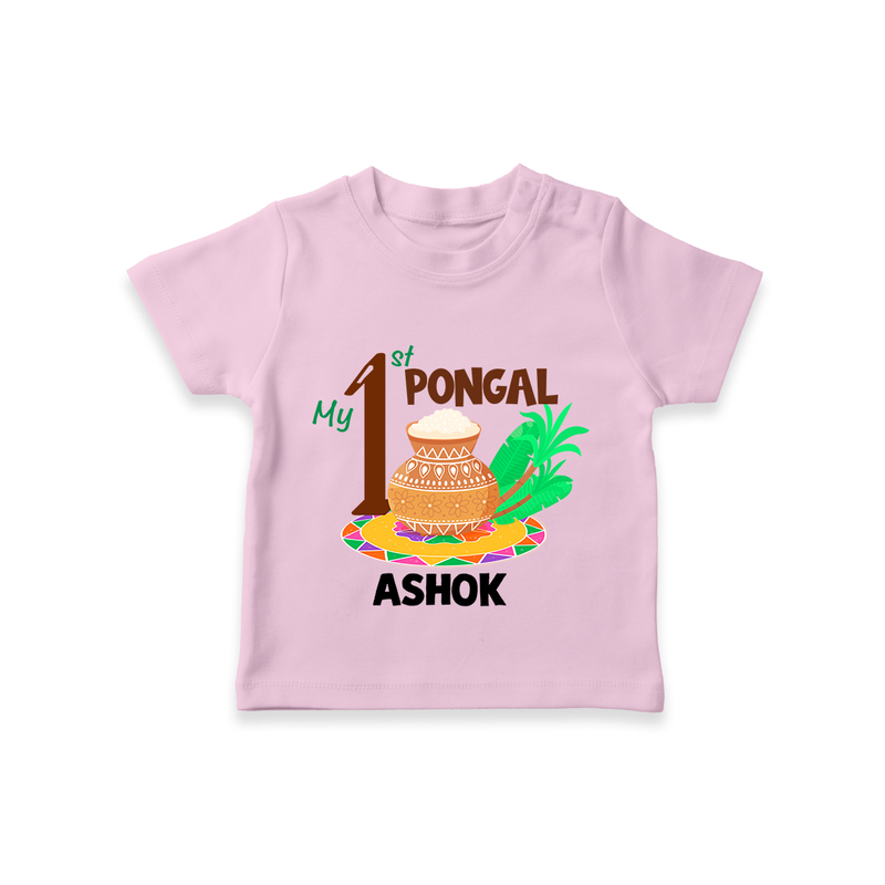 "Tradition in Style - My First Pongal Customized T-Shirt For Kids With Name" - PINK - 0-5 Months Old (Chest 17")