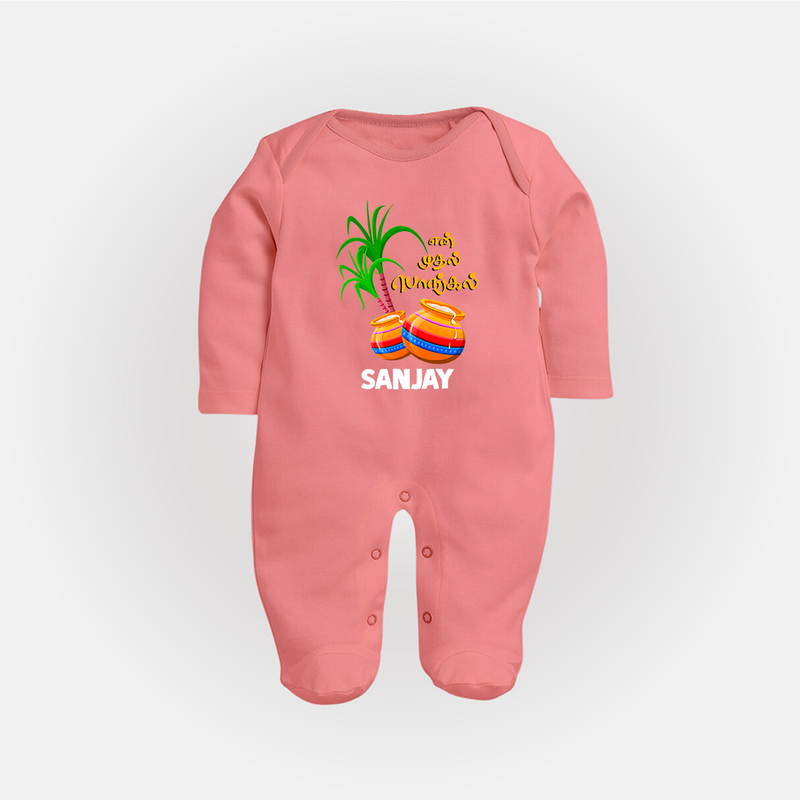 "Tiny Celebrations - En Mudhal Pongal Customized Sleep Suit For Babies With Name" - PEACH - New Born (Chest 7.5")