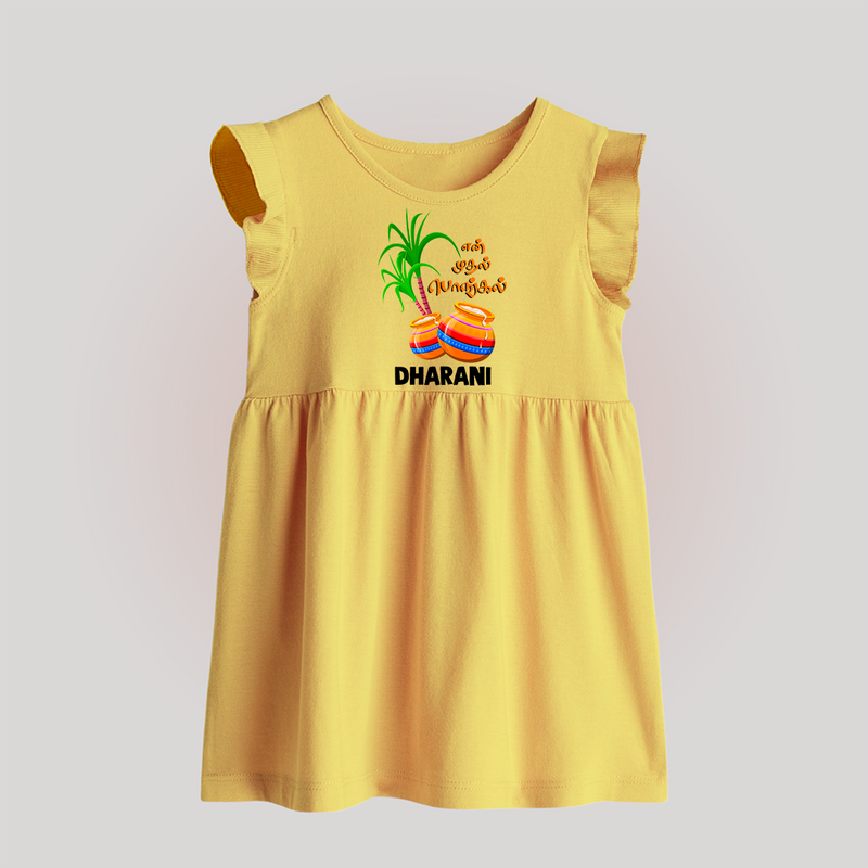 Tiny Celebrations - En Mudhal Pongal Customized Baby Frock for Babies With Name - YELLOW - 0 - 3 Months Old (Chest 17")