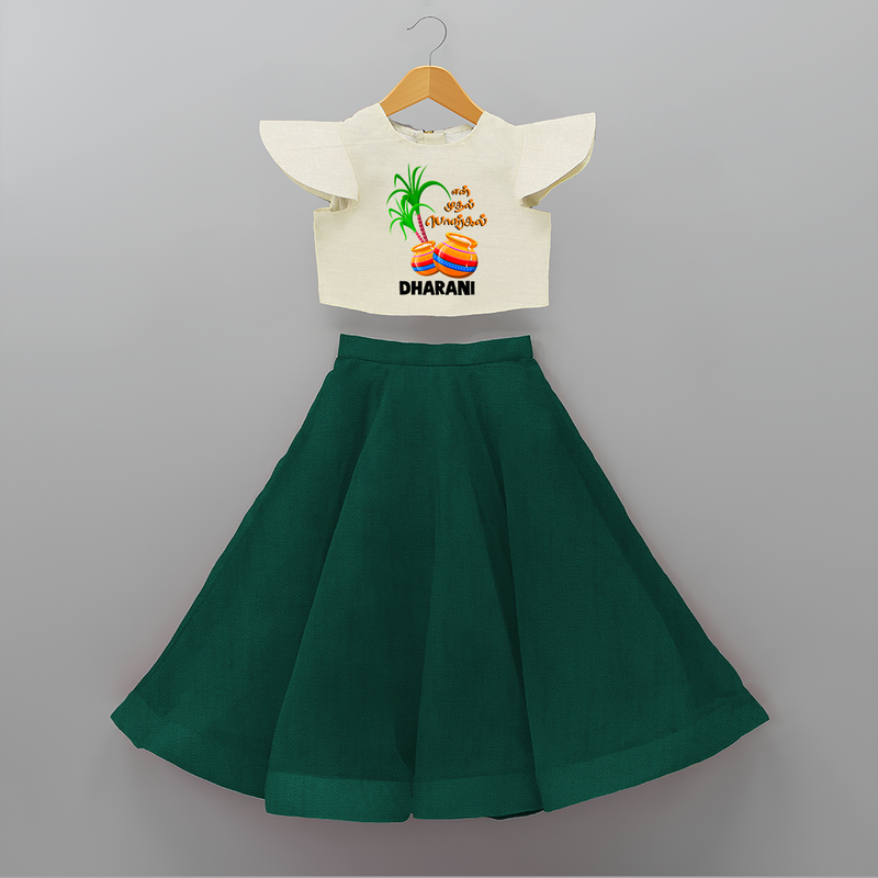 Tiny Celebrations - En Mudhal Pongal Customized Crop Top and Skirt for Girls With Name - BOTTLE GREEN - 6 - 9 Months Old (Chest 20" , Frock Waist 20")