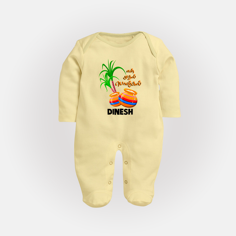 "Tiny Celebrations - En Mudhal Pongal Customized Sleep Suit For Babies With Name" - PASTEL YELLOW - New Born (Chest 7.5")