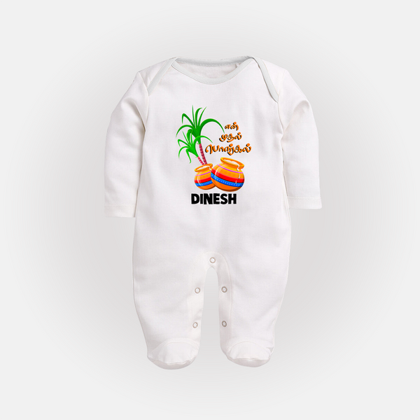 "Tiny Celebrations - En Mudhal Pongal Customized Sleep Suit For Babies With Name" - WHITE - New Born (Chest 7.5")