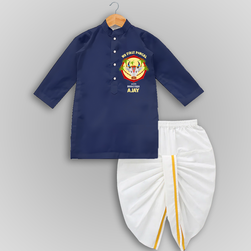 Harvest Joy - My First Pongal With Amma and Appa Customized Draped Dhoti for Boys - NAVY BLUE - 0 - 6 Month Old (Chest 24", Kurta Length 14" , Waist 19", Dhoti Length 14")