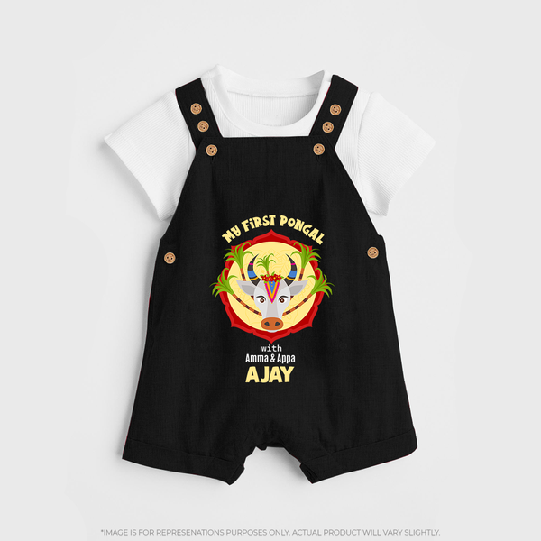 "Harvest Joy - My First Pongal With Amma and Appa Customized Dungaree Set For Kids" - BLACK - 0 - 5 Months Old (Chest 18")