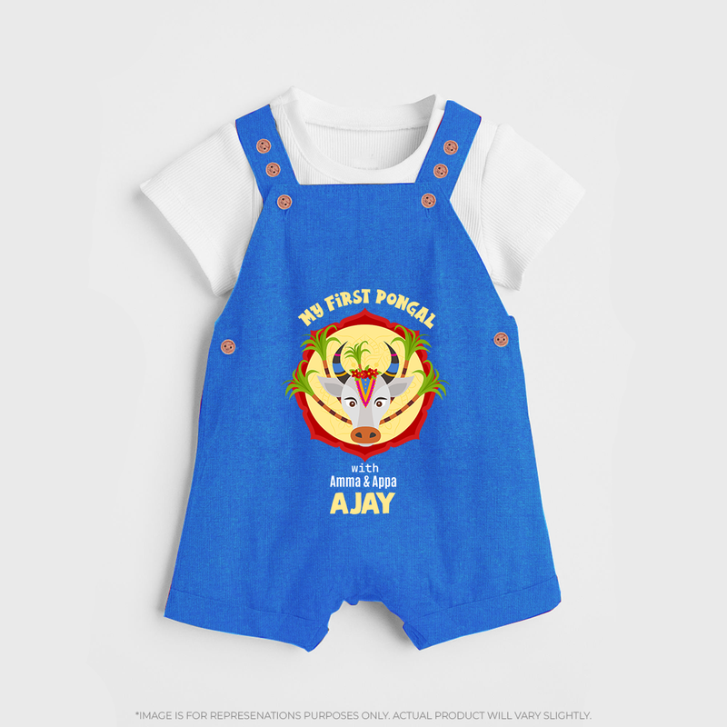 "Harvest Joy - My First Pongal With Amma and Appa Customized Dungaree Set For Kids" - COBALT BLUE - 0 - 5 Months Old (Chest 18")