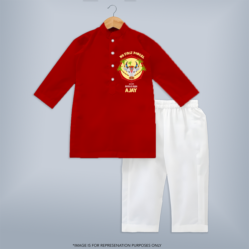 Harvest Joy - My First Pongal With Amma and Appa Customized Kurta Set for Boys - RED - 3 - 6 Months Old (Chest 24", Kurta Length 14'', Waist 19", Pant Length 14")