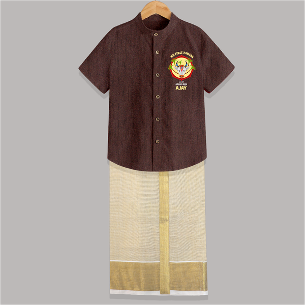 Harvest Joy - My First Pongal With Amma and Appa Customized Shirt and Dhoti for Boys - COFFEE BROWN - 0 - 6 Months Old (Chest-23") (Dhoti length-14")