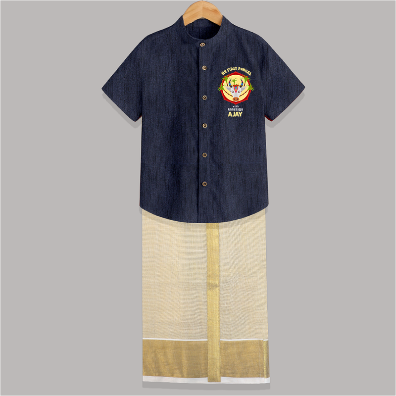 Harvest Joy - My First Pongal With Amma and Appa Customized Shirt and Dhoti for Boys - DARK BLUE - 0 - 6 Months Old (Chest-23") (Dhoti length-14")