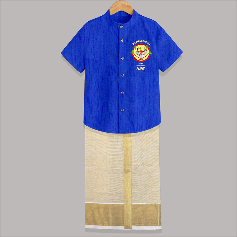 Harvest Joy - My First Pongal With Amma and Appa Customized Shirt and Dhoti for Boys - ROYAL BLUE - 0 - 6 Months Old (Chest-23") (Dhoti length-14")