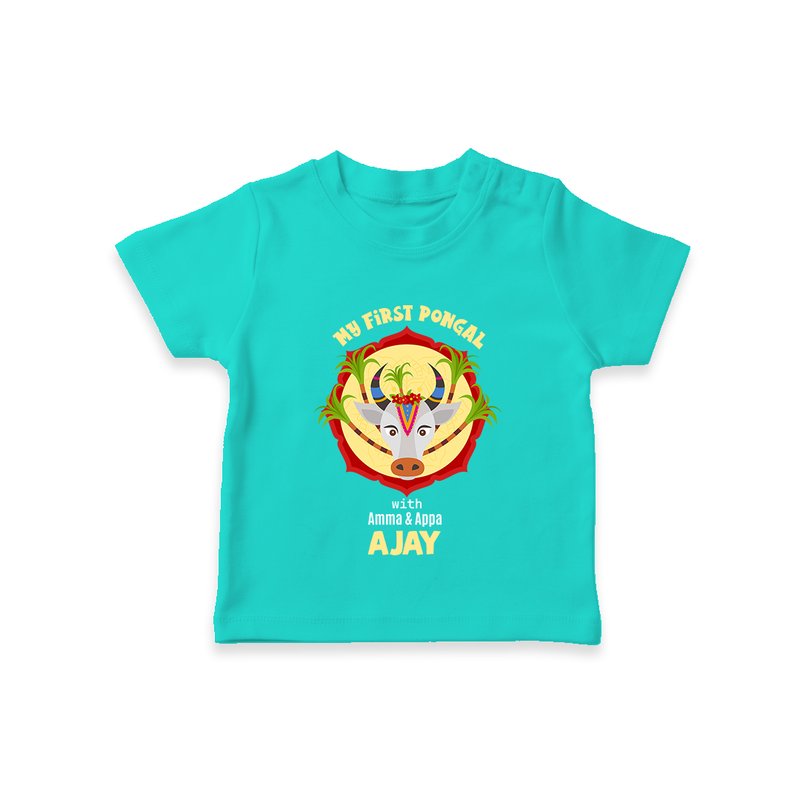 "Harvest Joy - My First Pongal With Amma and Appa Customized T-Shirt For Kids" - TEAL - 0-5 Months Old (Chest 17")