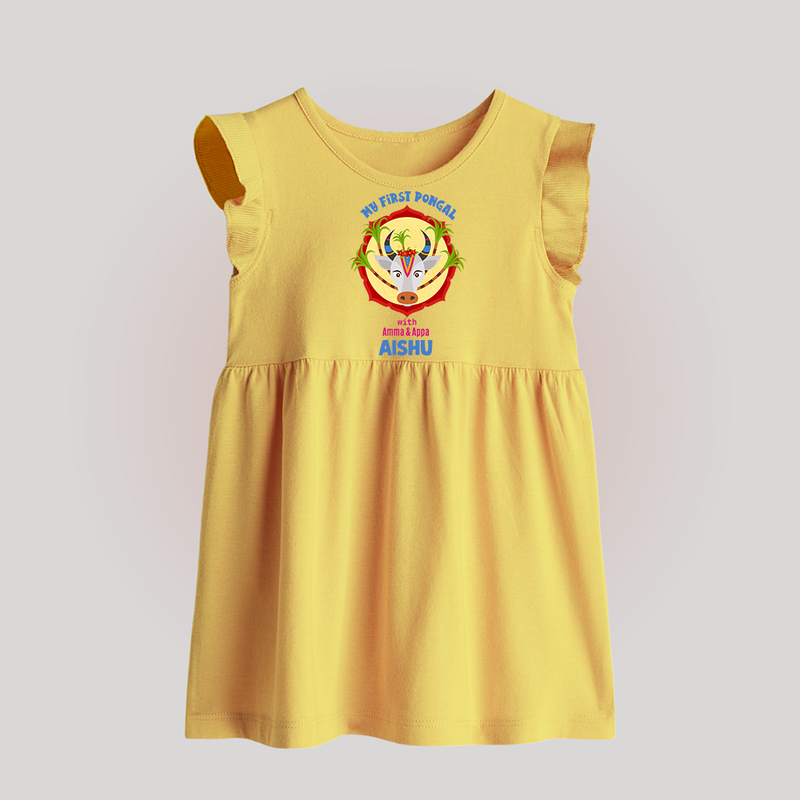 Harvest Joy - My First Pongal With Amma and Appa Customized Baby Frock for Babies - YELLOW - 0 - 3 Months Old (Chest 17")