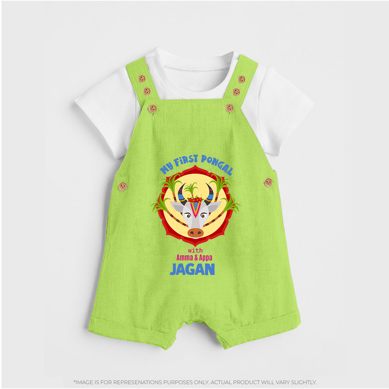 "Harvest Joy - My First Pongal With Amma and Appa Customized Dungaree Set For Kids" - GREEN - 0 - 5 Months Old (Chest 18")