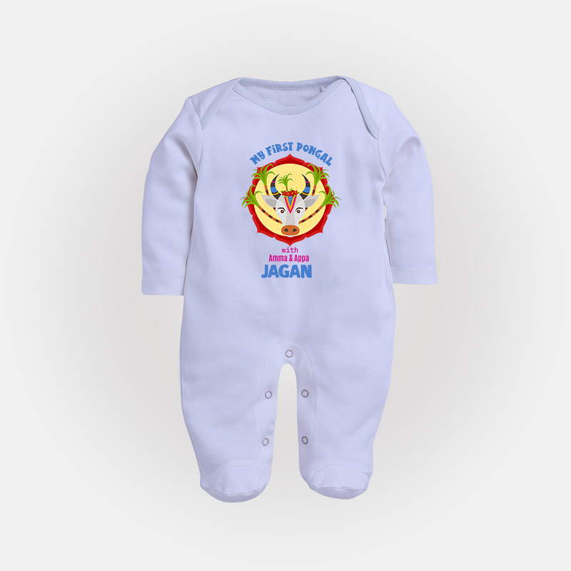 "Harvest Joy - My First Pongal With Amma and Appa Customized Sleep Suit For Babies" - BABY BLUE - New Born (Chest 7.5")