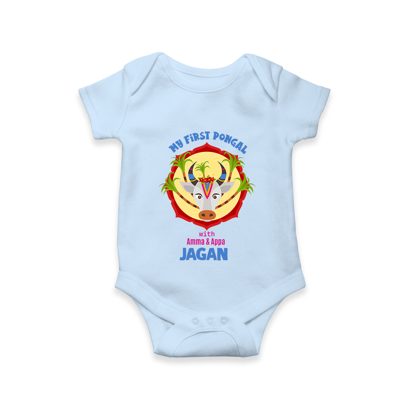 "Harvest Joy - My First Pongal With Amma and Appa Customized Romper For Babies" - BABY BLUE - 0-3 Months Old (Chest 16")