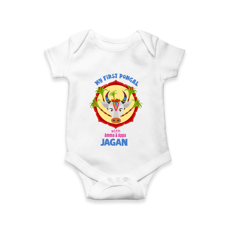 "Harvest Joy - My First Pongal With Amma and Appa Customized Romper For Babies" - WHITE - 0-3 Months Old (Chest 16")