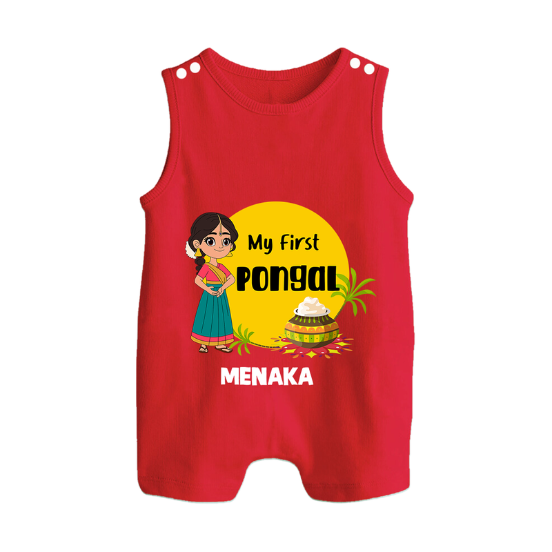 "Cultural Charm - My First Pongal Romper Suit For Babies With Name" - RED - 0 - 5 Months Old (Chest 18")