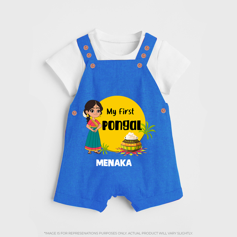 "Cultural Charm - My First Pongal Dungaree Set For Kids With Name" - COBALT BLUE - 0 - 5 Months Old (Chest 18")