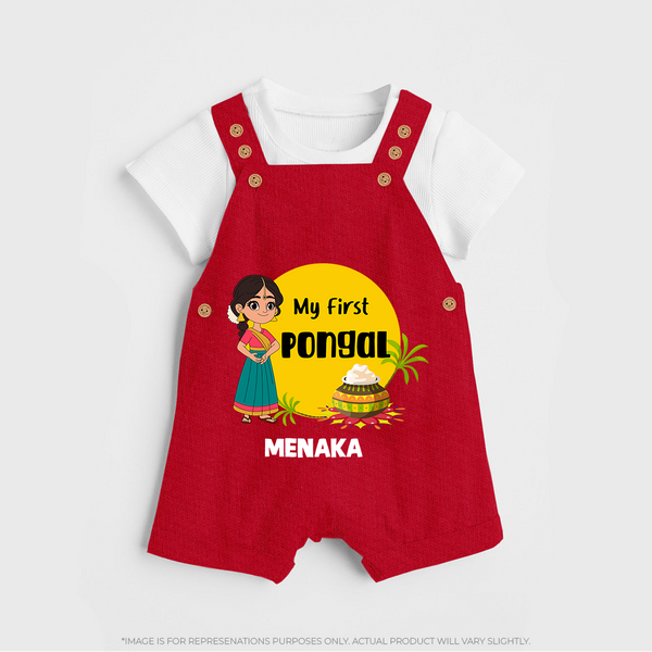 "Cultural Charm - My First Pongal Dungaree Set For Kids With Name" - RED - 0 - 5 Months Old (Chest 18")