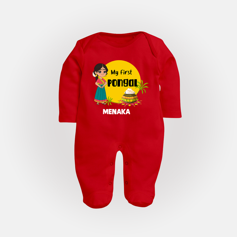 "Cultural Charm - My First Pongal Sleep Suit For Babies With Name" - RED - New Born (Chest 7.5")