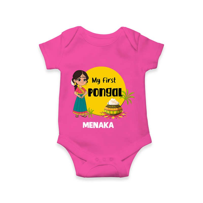 "Cultural Charm - My First Pongal Romper For Babies With Name" - HOT PINK - 0-3 Months Old (Chest 16")